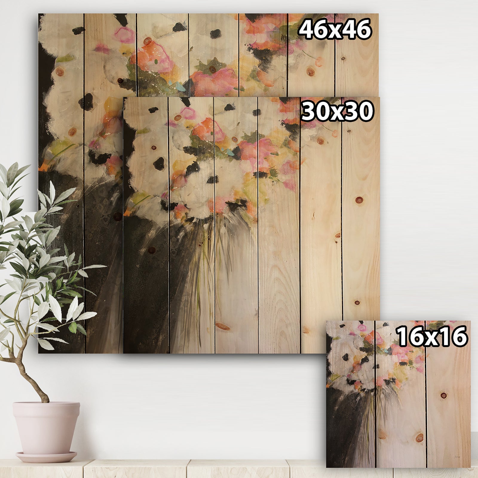 Pink Pastel Flowers - Farmhouse Print on Natural Pine Wood