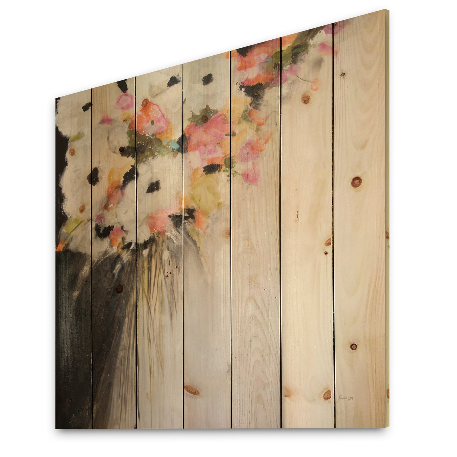 Pink Pastel Flowers - Farmhouse Print on Natural Pine Wood