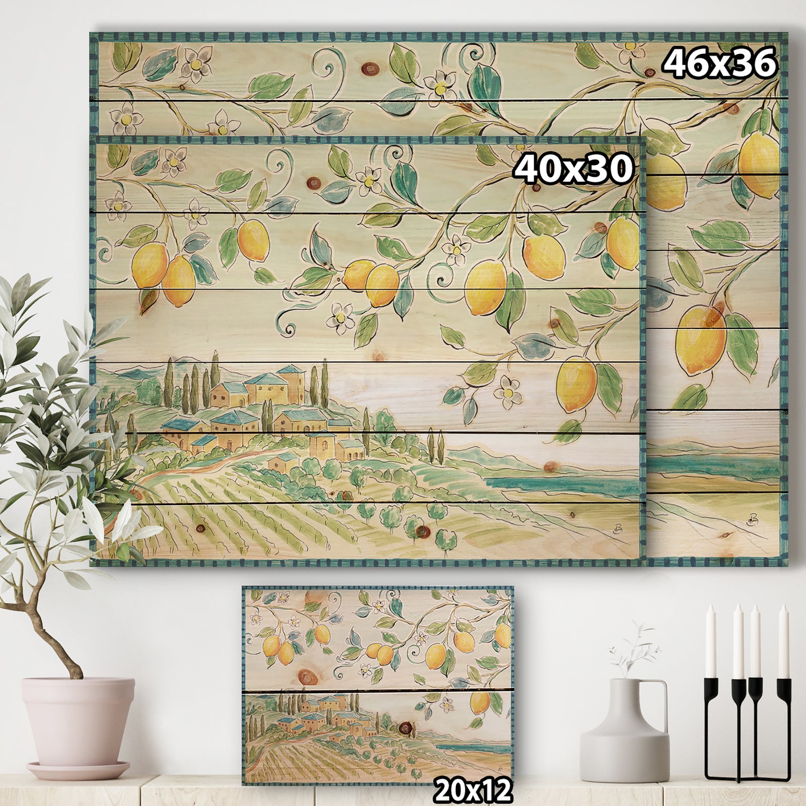 Mediterranean Village Field I - Traditional Print on Natural Pine Wood