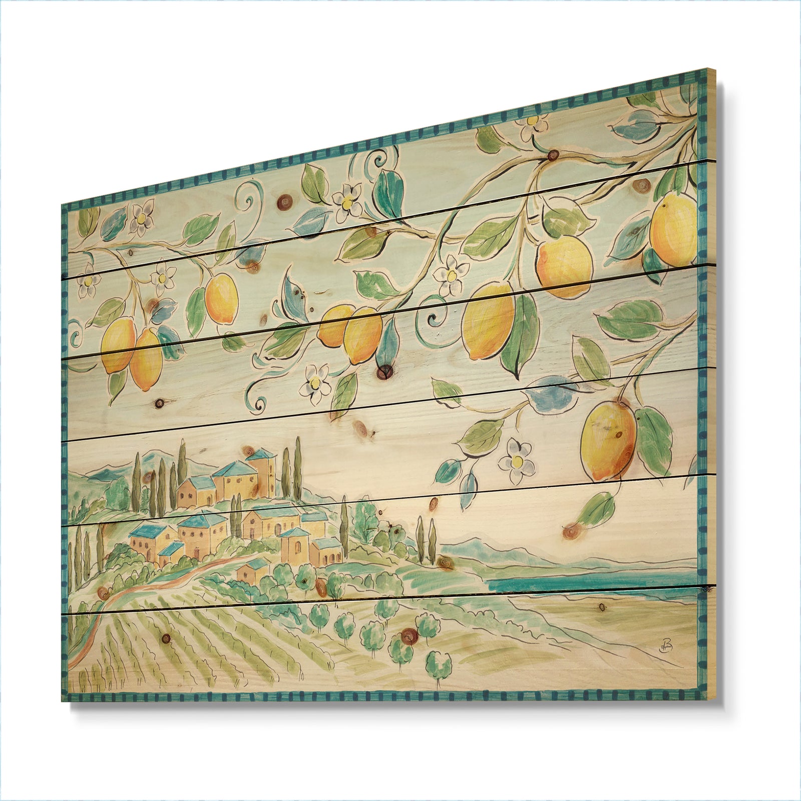 Mediterranean Village Field I - Traditional Print on Natural Pine Wood