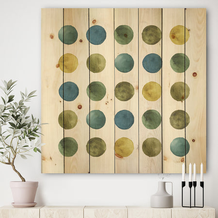 Green Tones Geometric Circles - Mid-Century Modern Print on Natural Pine Wood