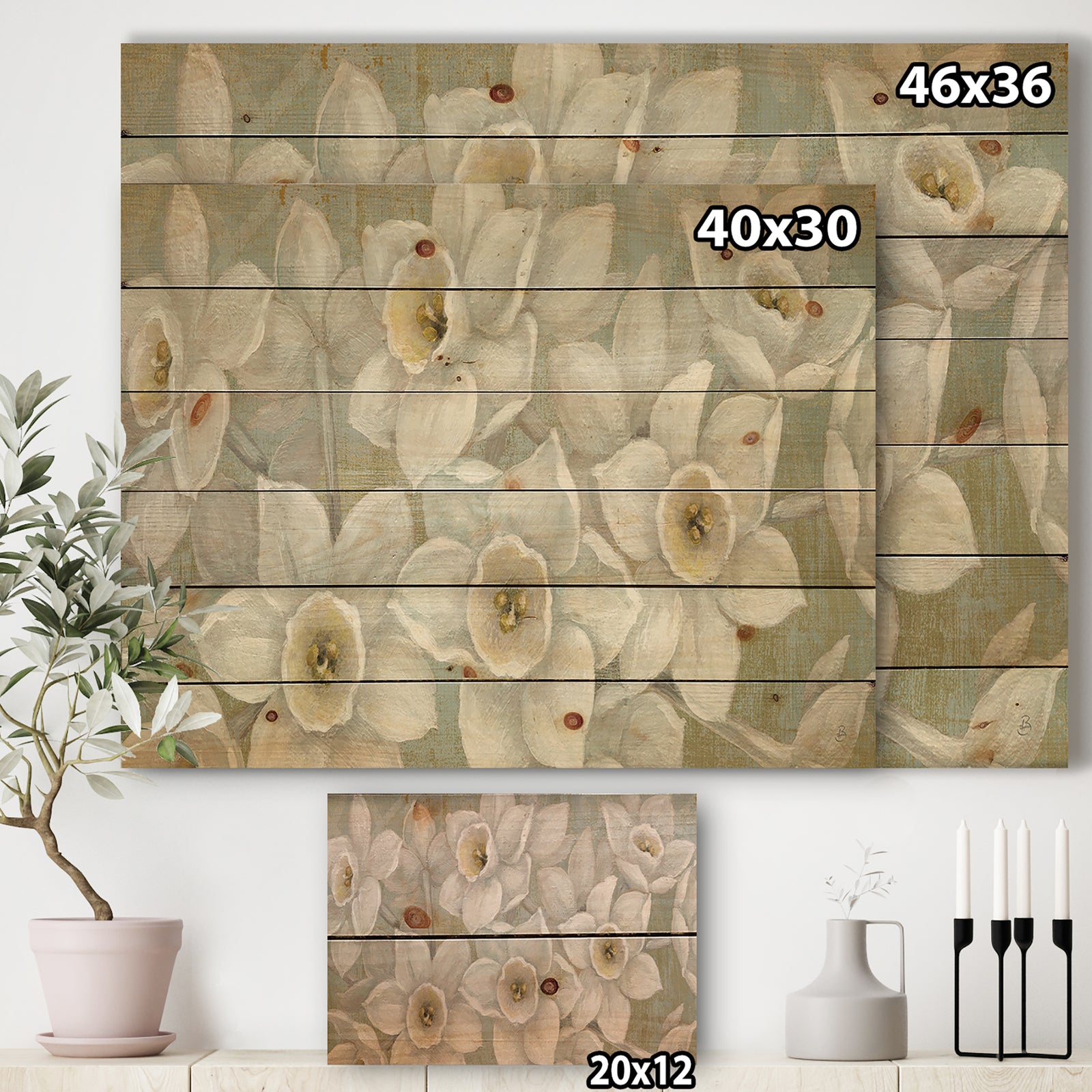 Pure Pastel White flowers - Farmhouse Print on Natural Pine Wood