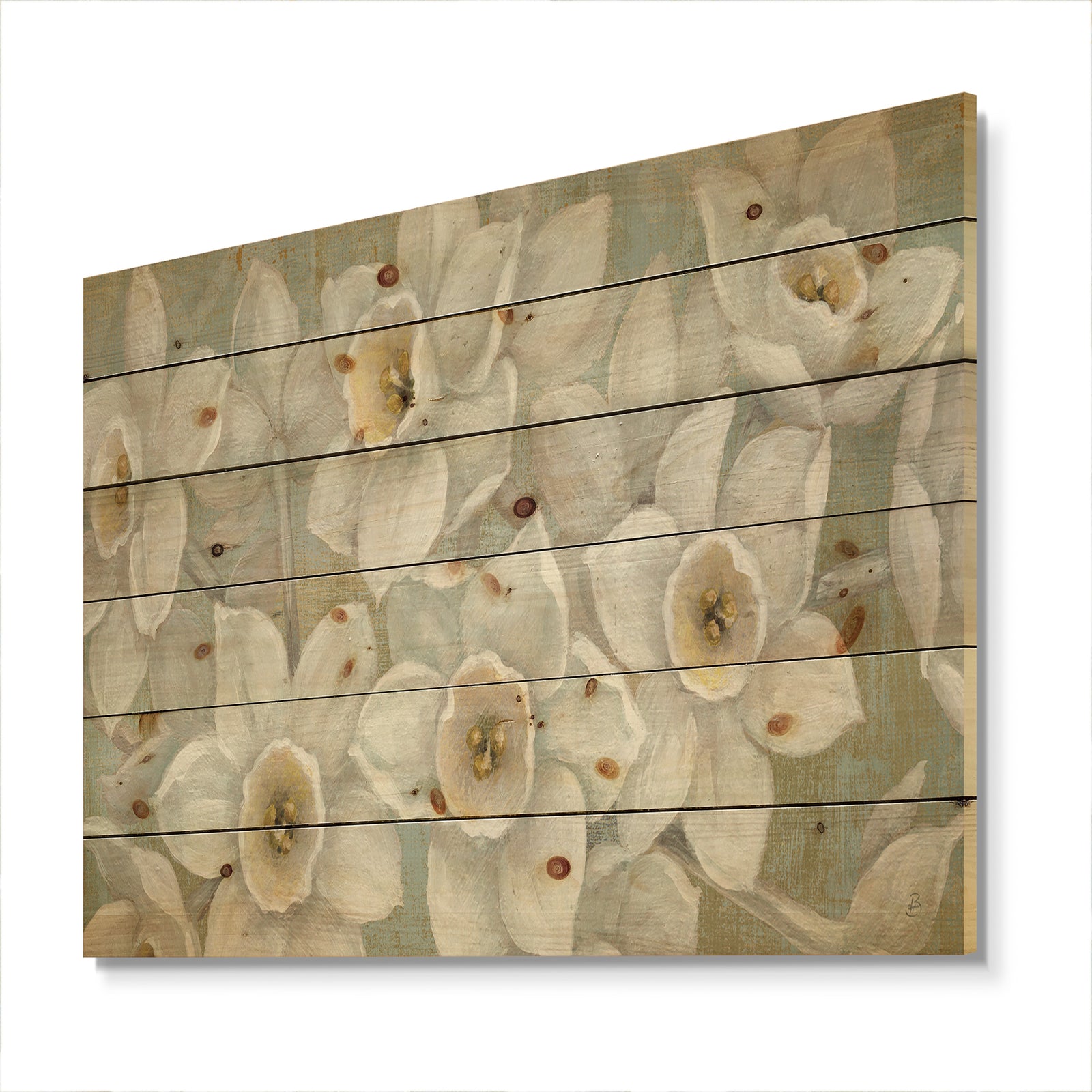 Pure Pastel White flowers - Farmhouse Print on Natural Pine Wood