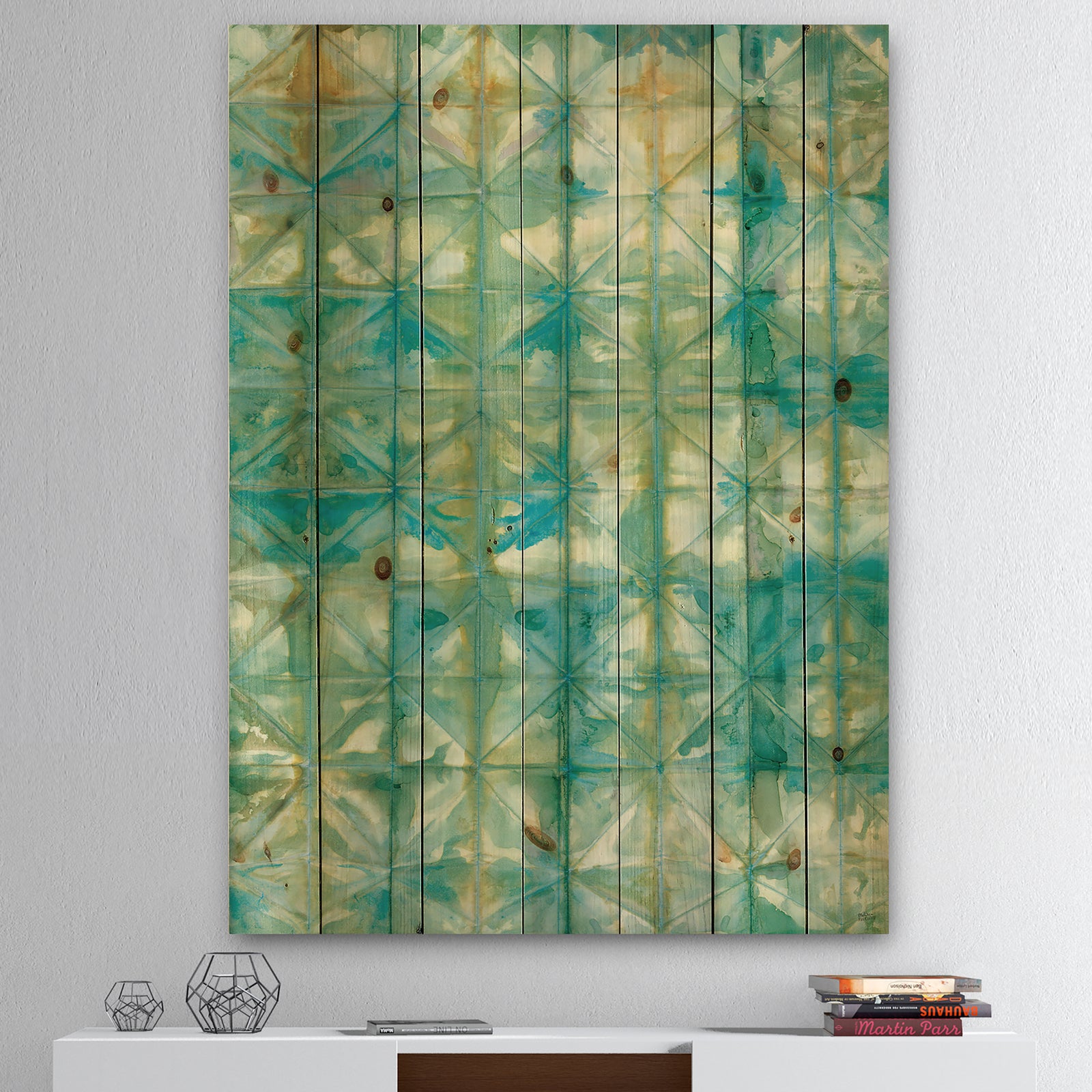 Blue diamonds minimal geometric I - Transitional Print on Natural Pine Wood