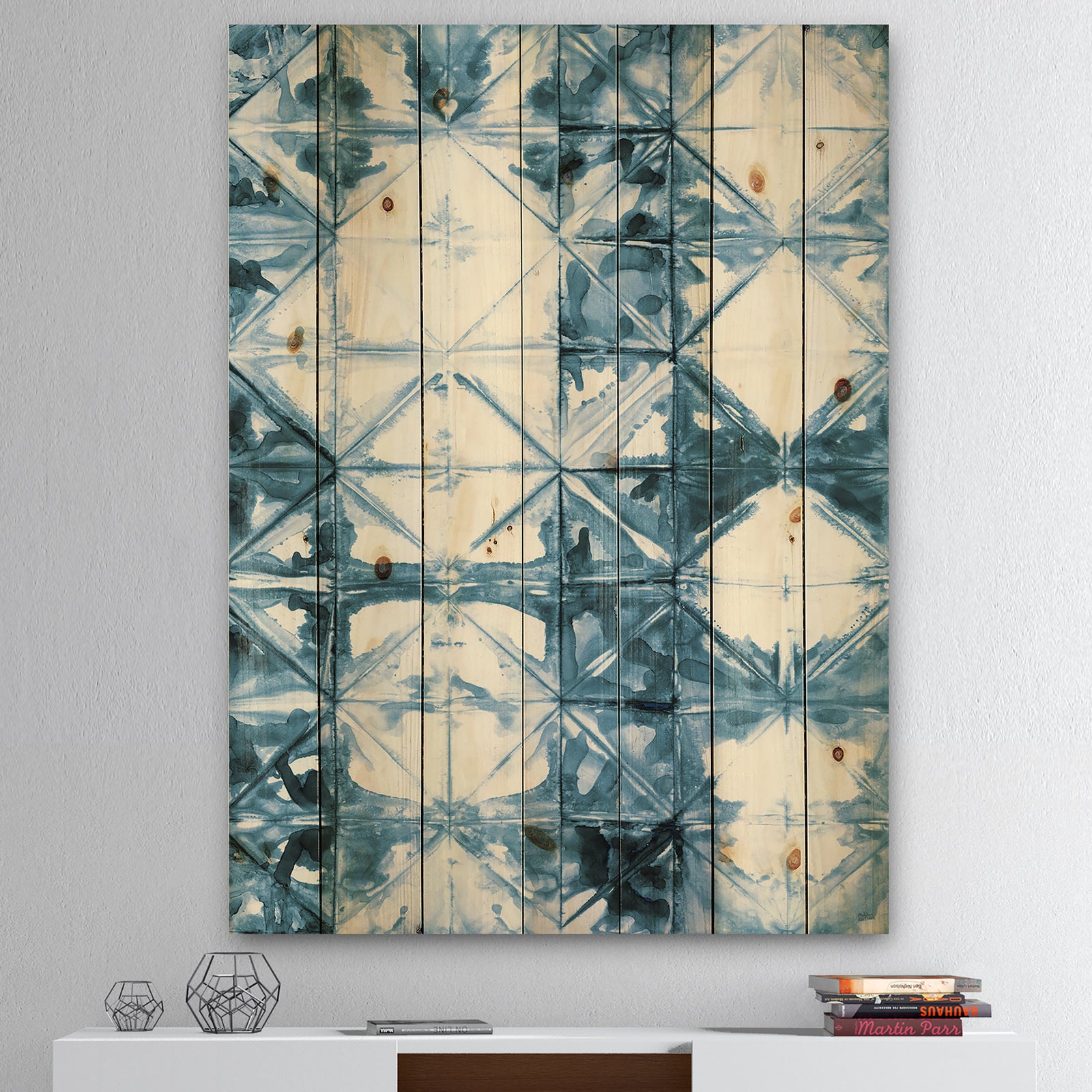 Indigo watercolor geometrical I - Contemporary Print on Natural Pine Wood