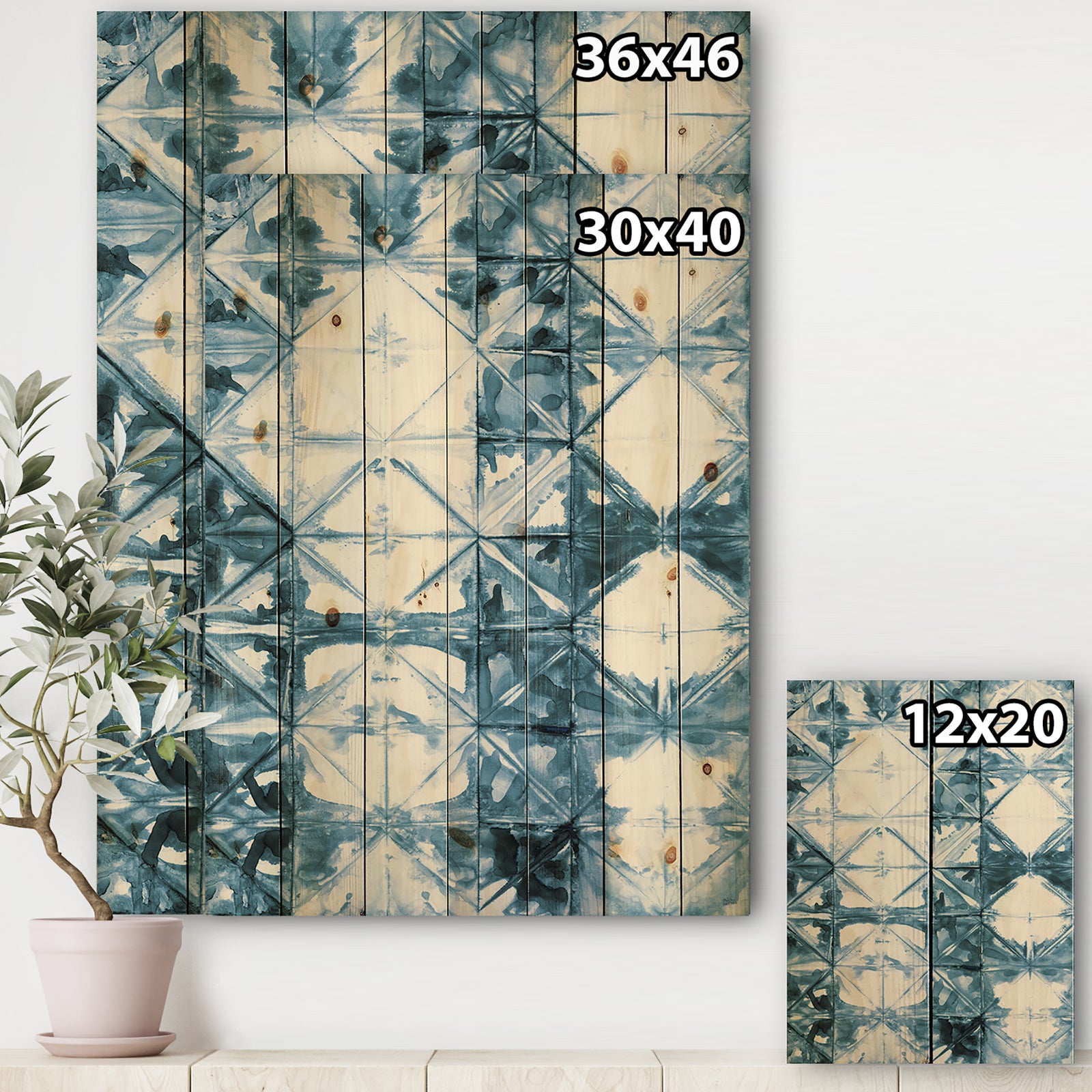 Indigo watercolor geometrical I - Contemporary Print on Natural Pine Wood