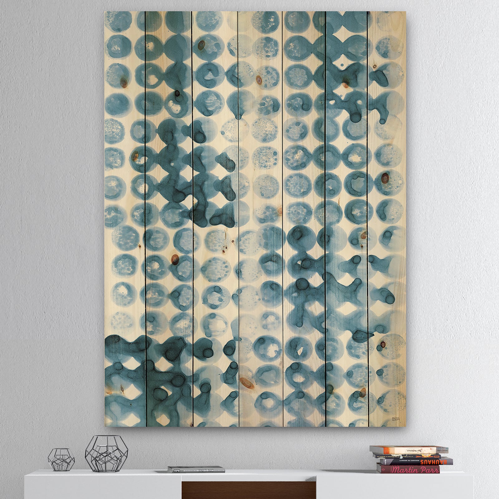 Indigo watercolor geometrical II - Contemporary Print on Natural Pine Wood