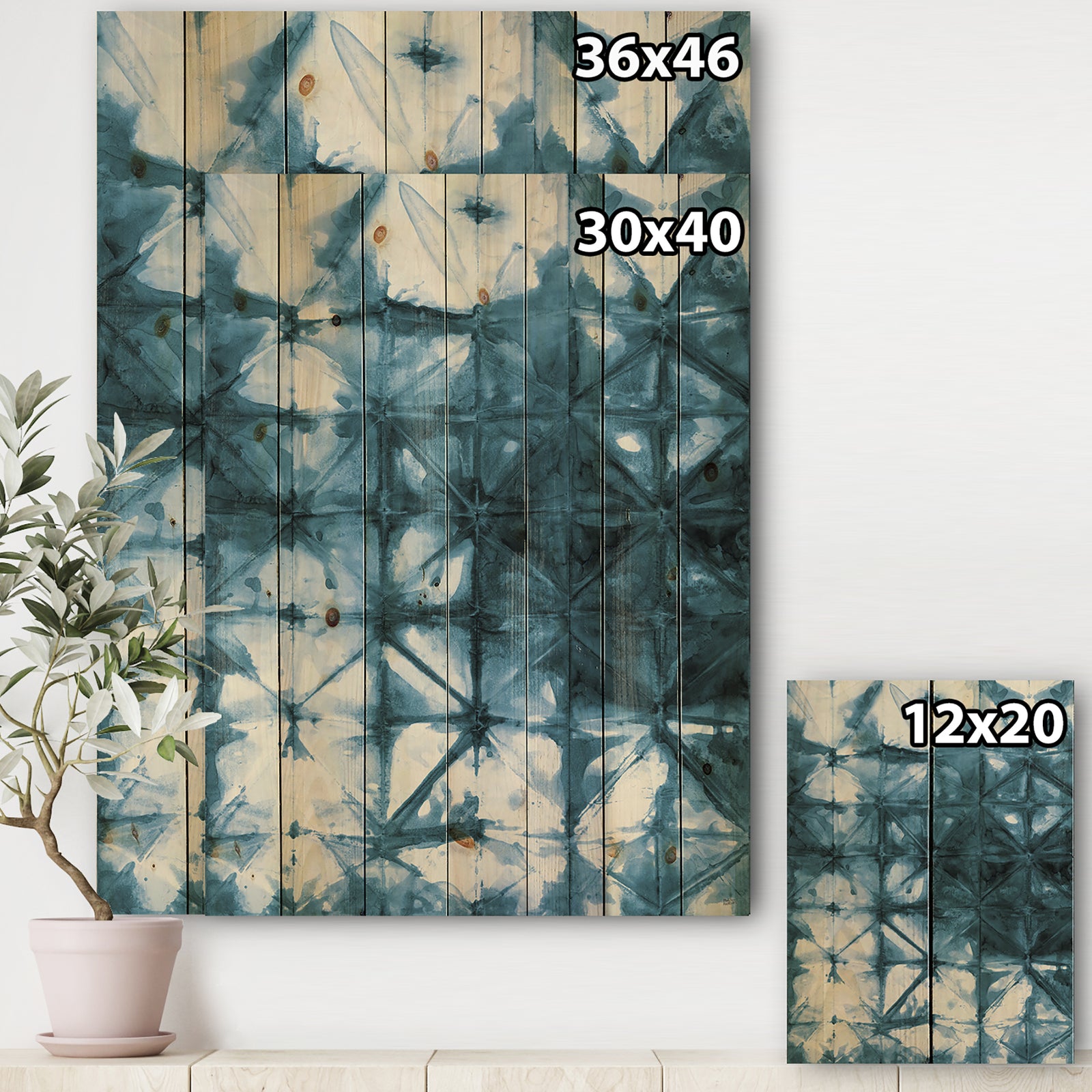 Indigo watercolor geometrical III - Contemporary Print on Natural Pine Wood