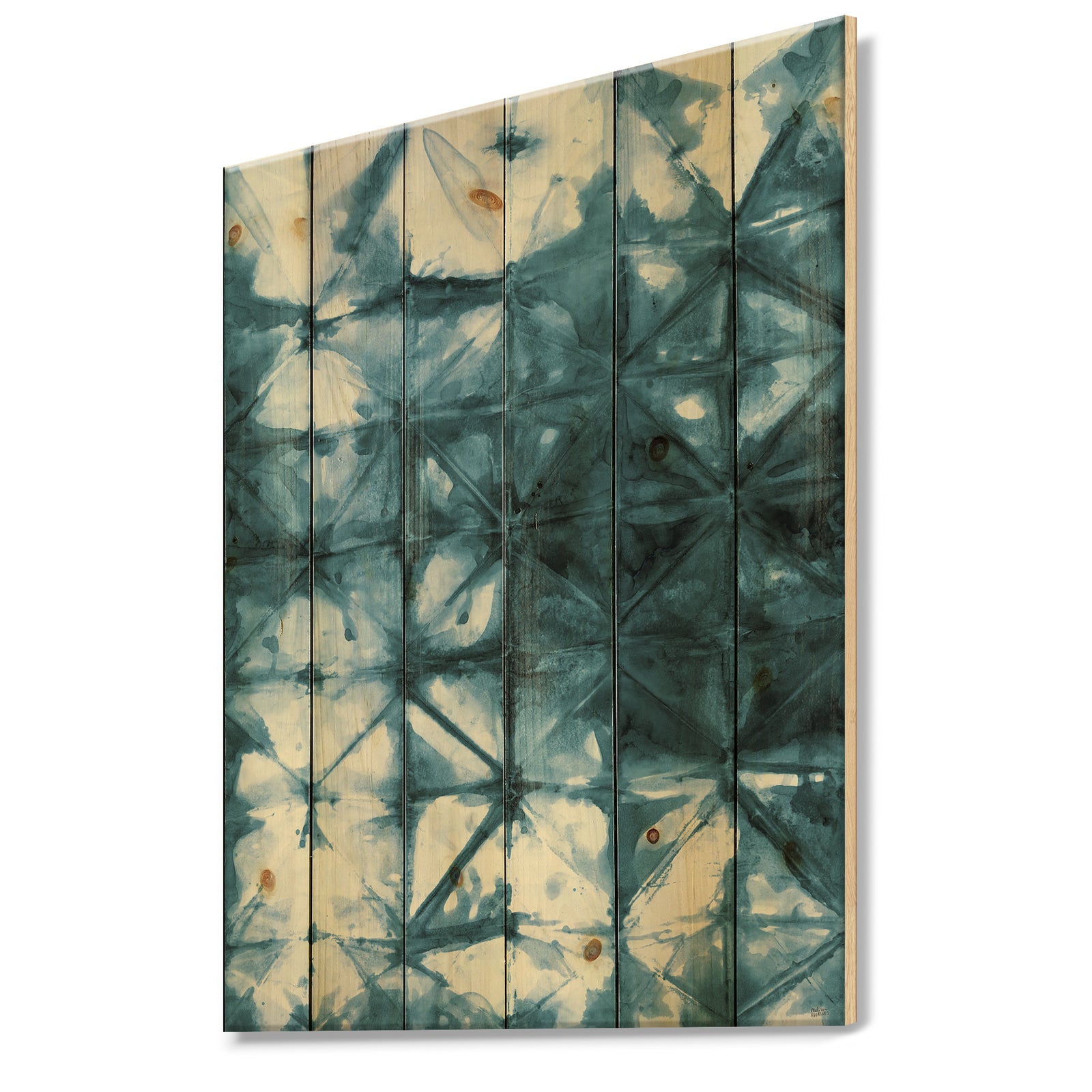 Indigo watercolor geometrical III - Contemporary Print on Natural Pine Wood