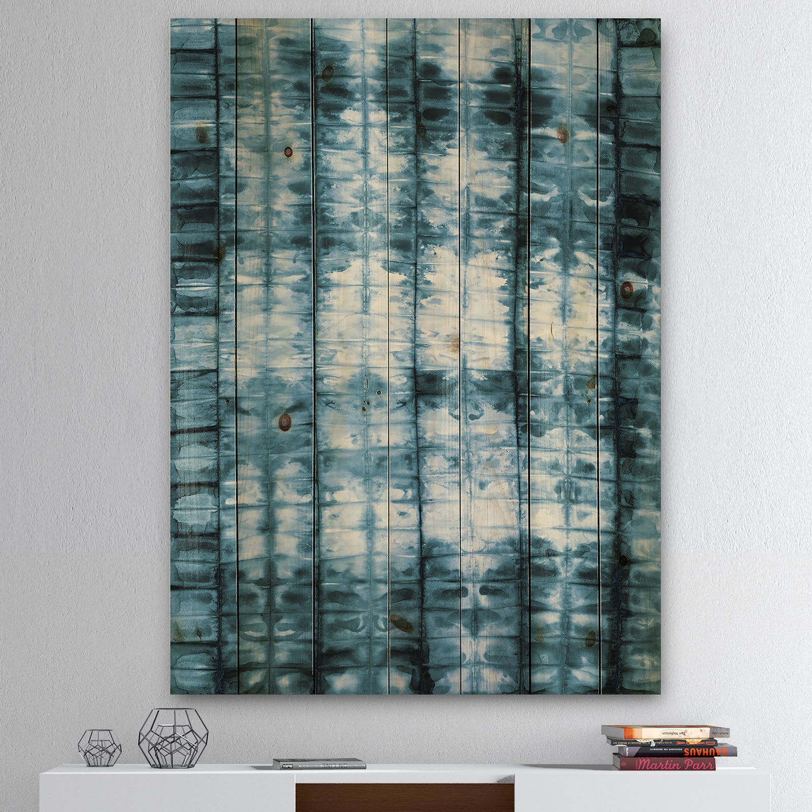 Indigo watercolor geometrical IV - Contemporary Print on Natural Pine Wood
