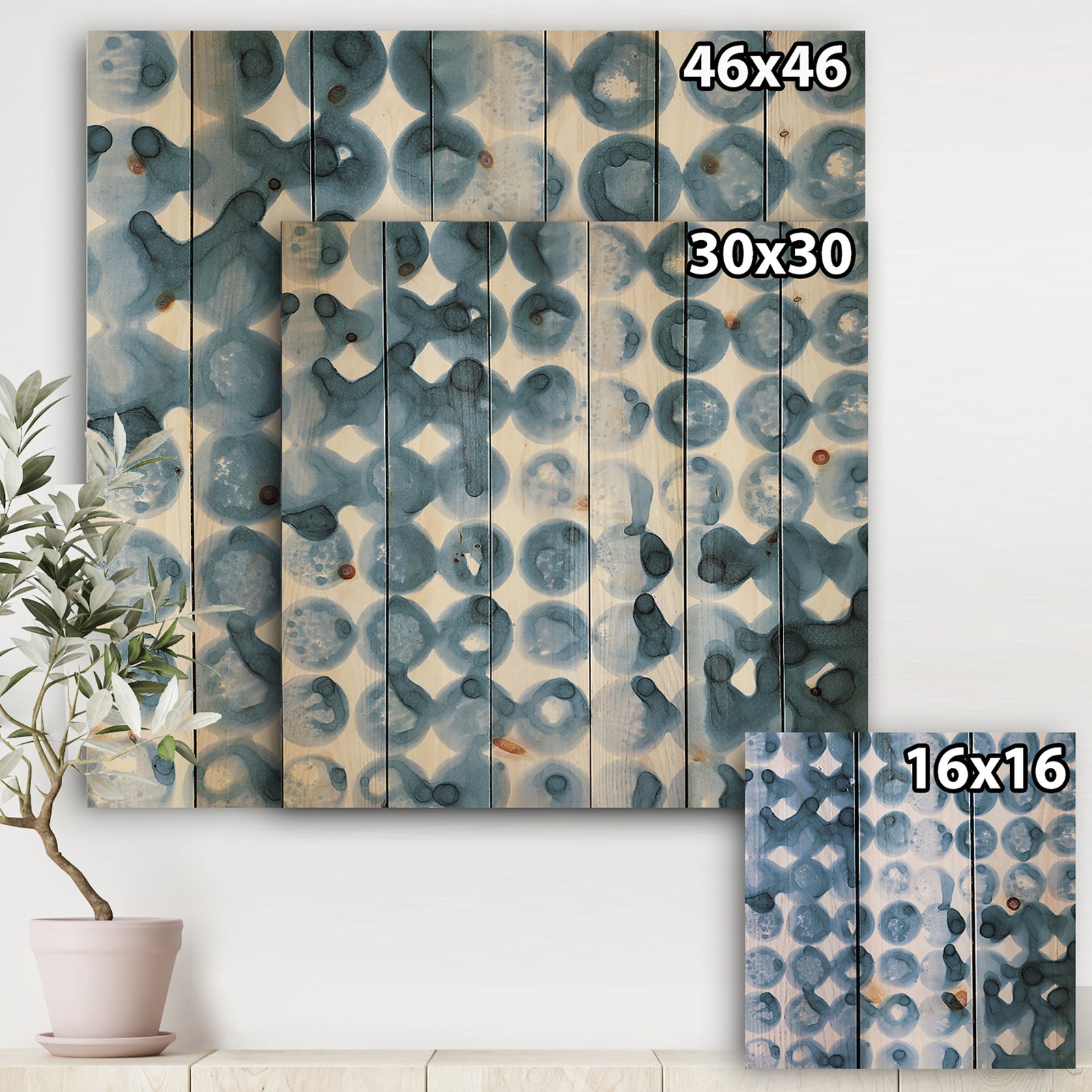 Indigo watercolor geometrical VI - Contemporary Print on Natural Pine Wood