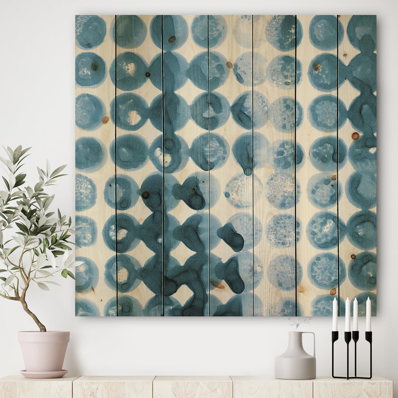 Indigo watercolor geometrical VII - Contemporary Print on Natural Pine Wood