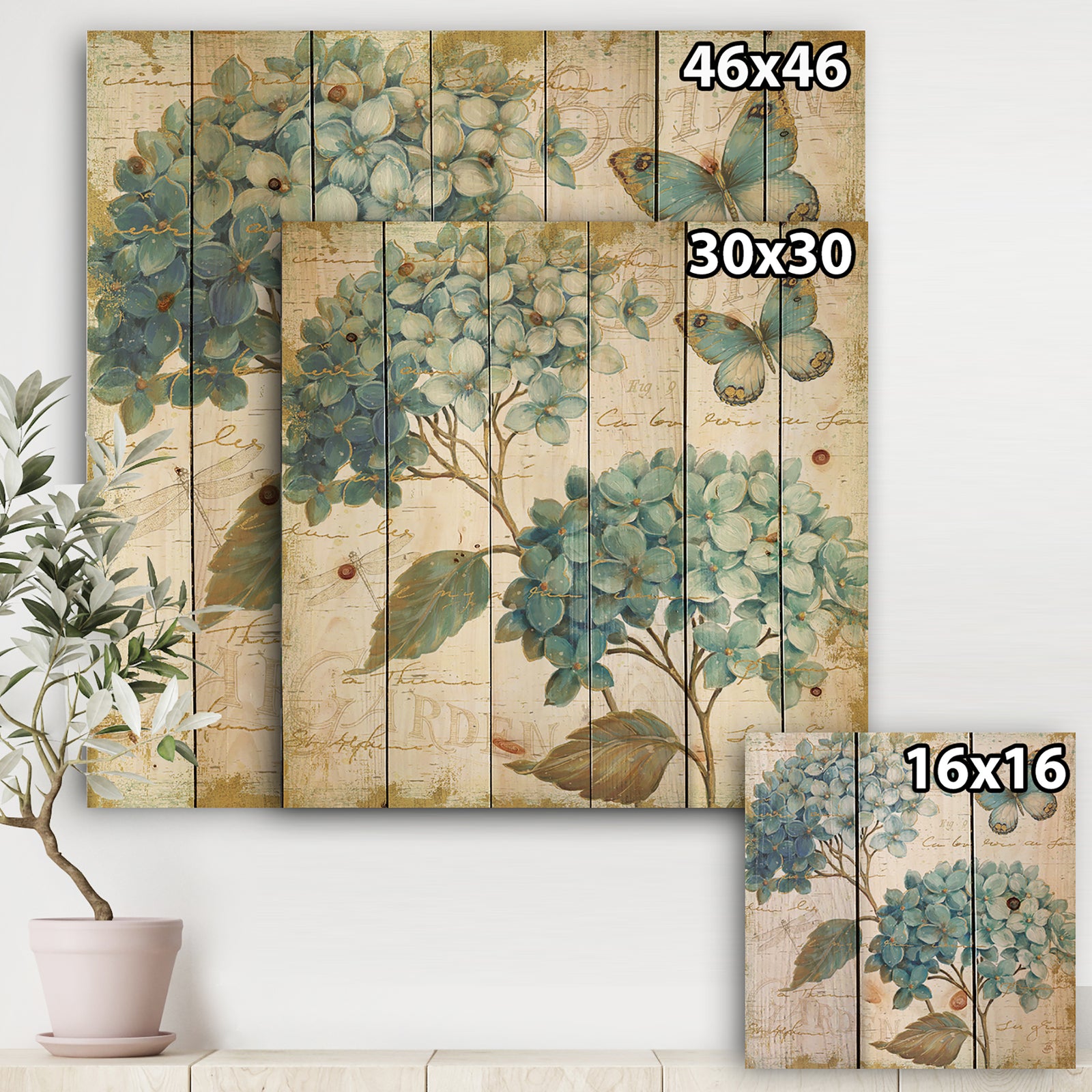 butterfly Blue Garden I - Farmhouse Print on Natural Pine Wood