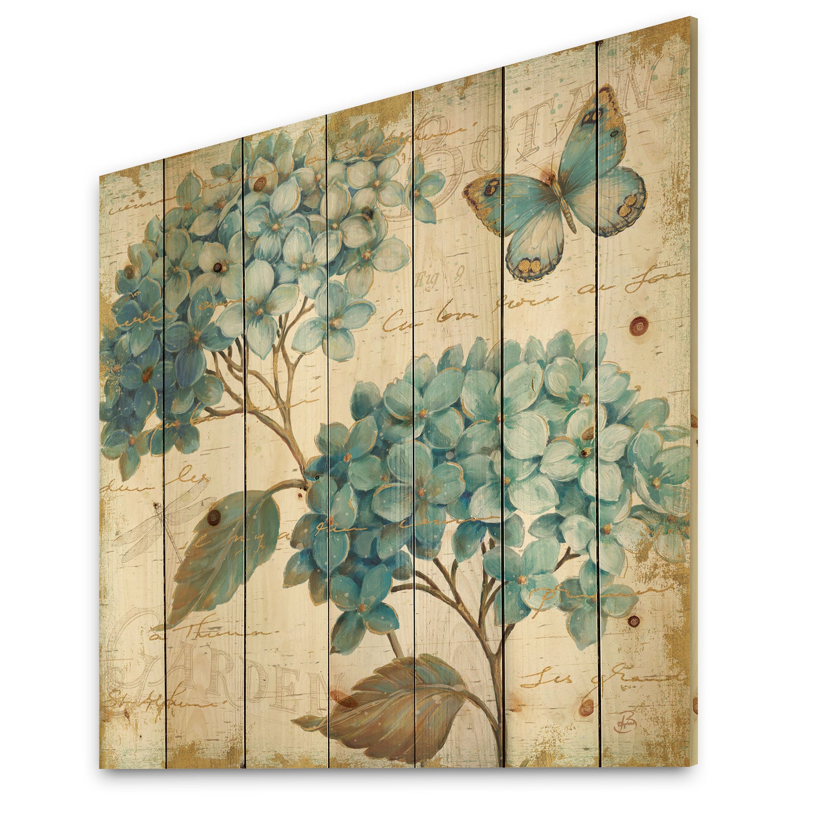 butterfly Blue Garden I - Farmhouse Print on Natural Pine Wood