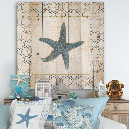 Navy Starfish with Gold - Nautical & Coastal Print on Natural Pine Wood