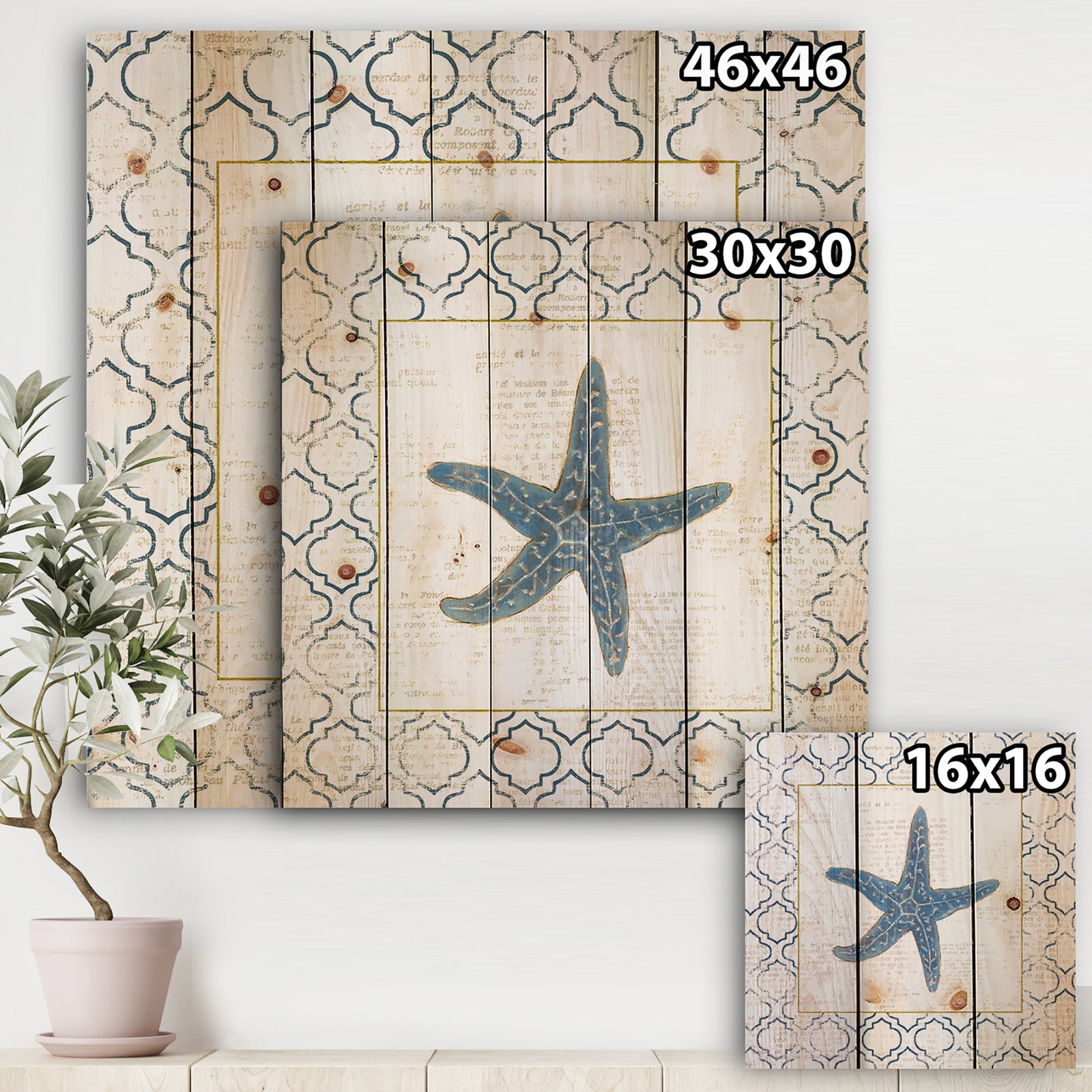 Navy Starfish with Gold - Nautical & Coastal Print on Natural Pine Wood