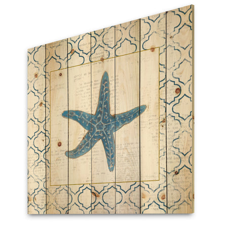 Navy Starfish with Gold - Nautical & Coastal Print on Natural Pine Wood
