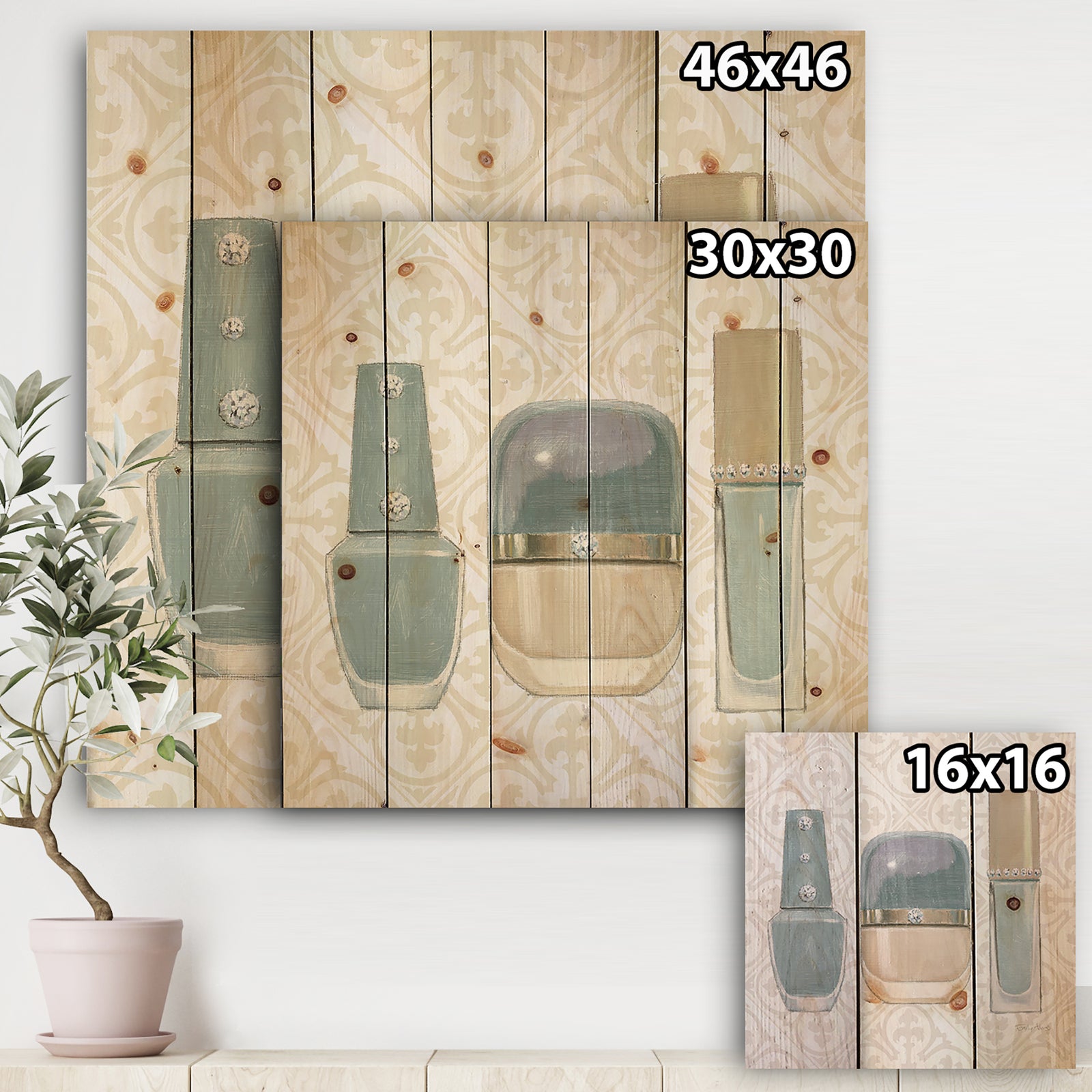 Glam cosmetics Blue accessories - Posh & Luxe Print on Natural Pine Wood