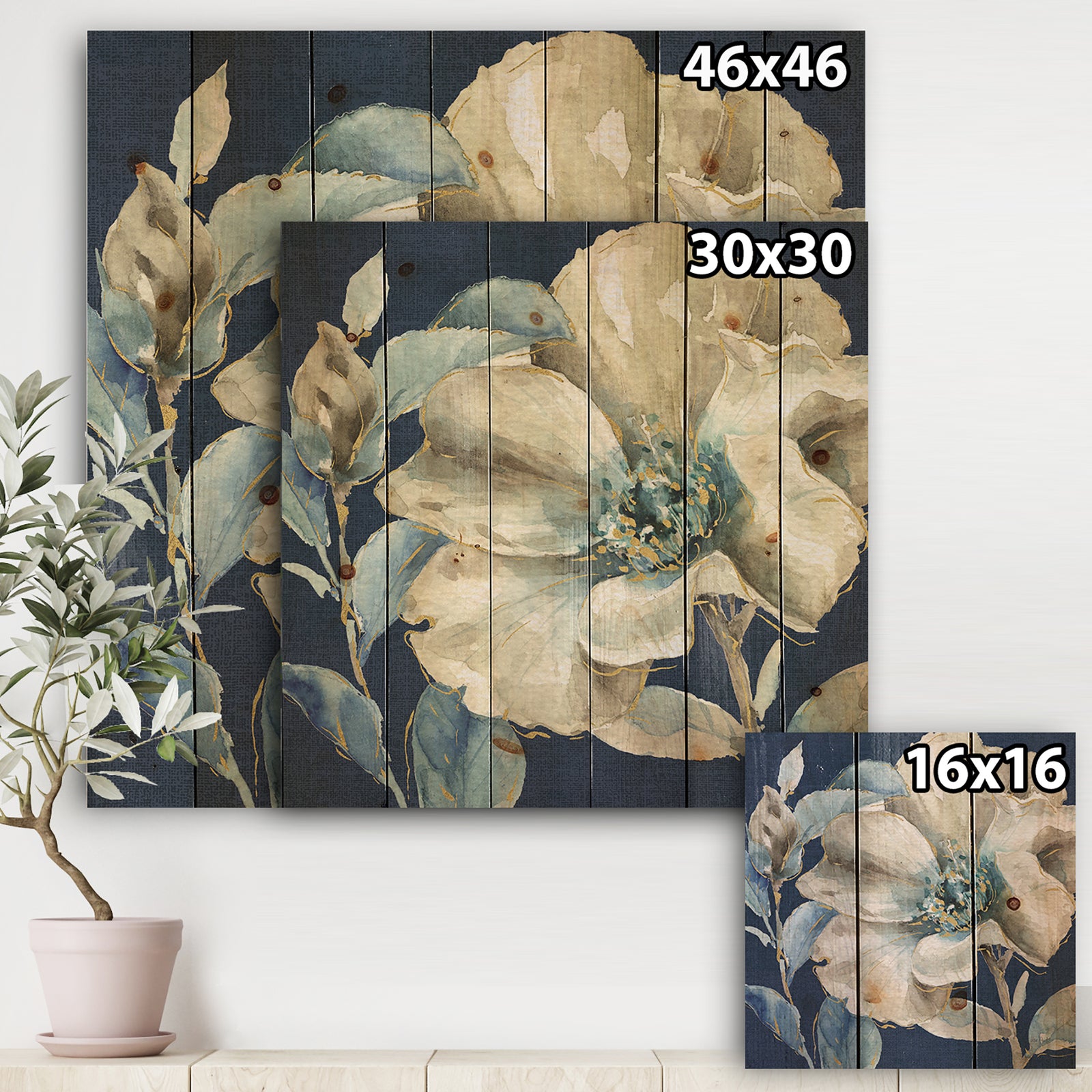 Indigold Watercolor Flower I - Farmhouse Print on Natural Pine Wood