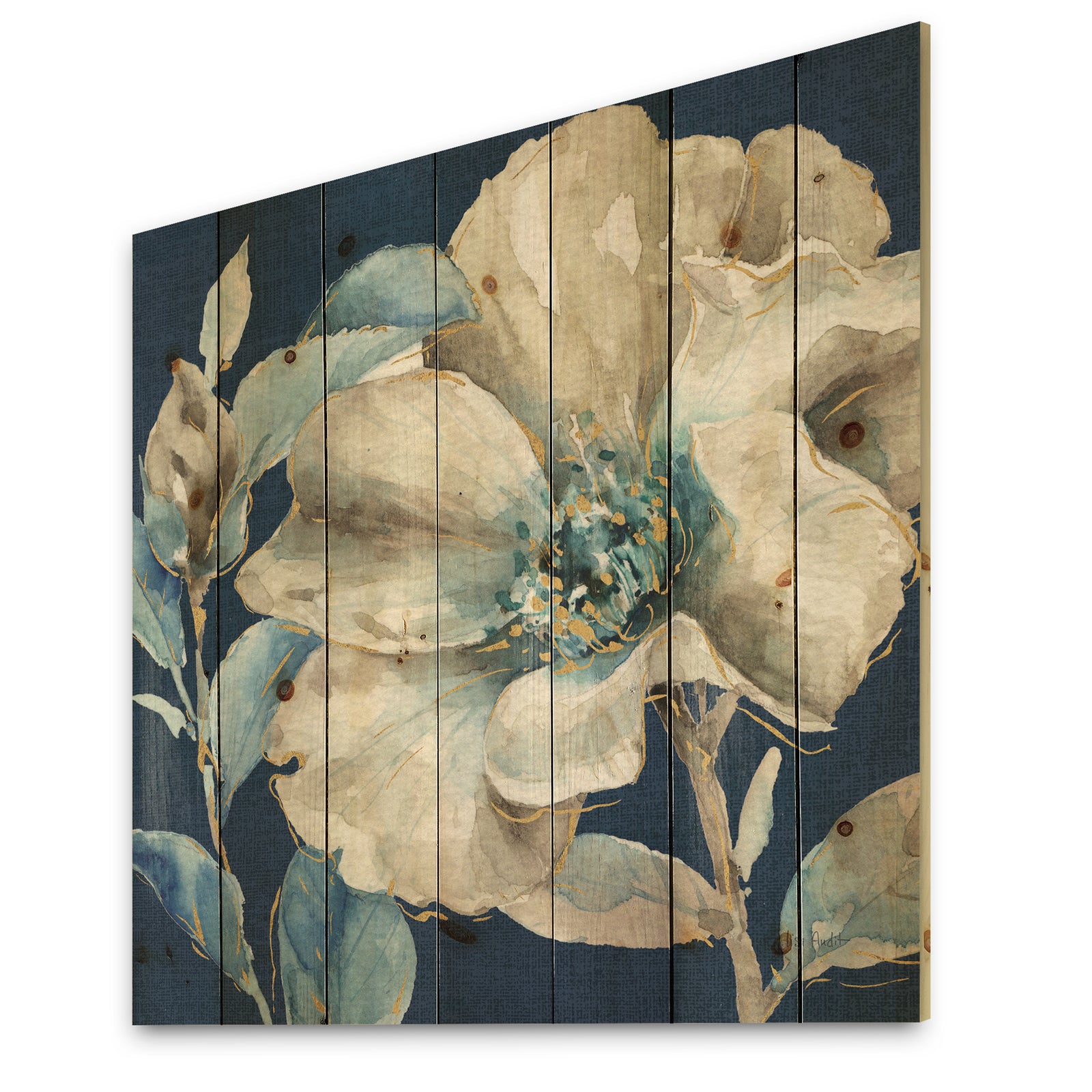 Indigold Watercolor Flower I - Farmhouse Print on Natural Pine Wood