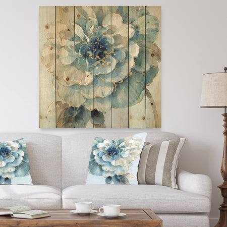 Indigold Watercolor Flower II - Farmhouse Print on Natural Pine Wood