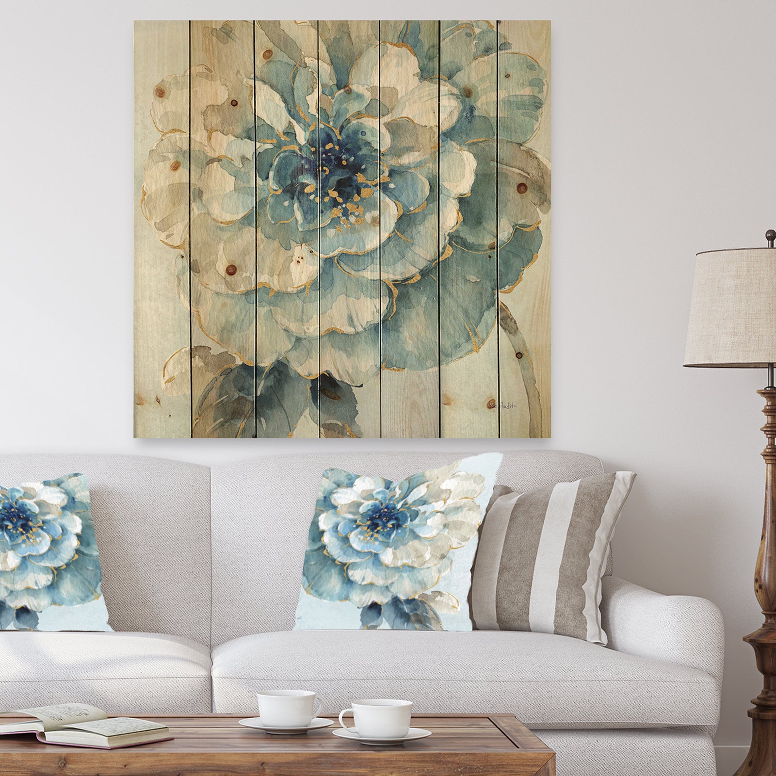 Indigold Watercolor Flower II - Farmhouse Print on Natural Pine Wood