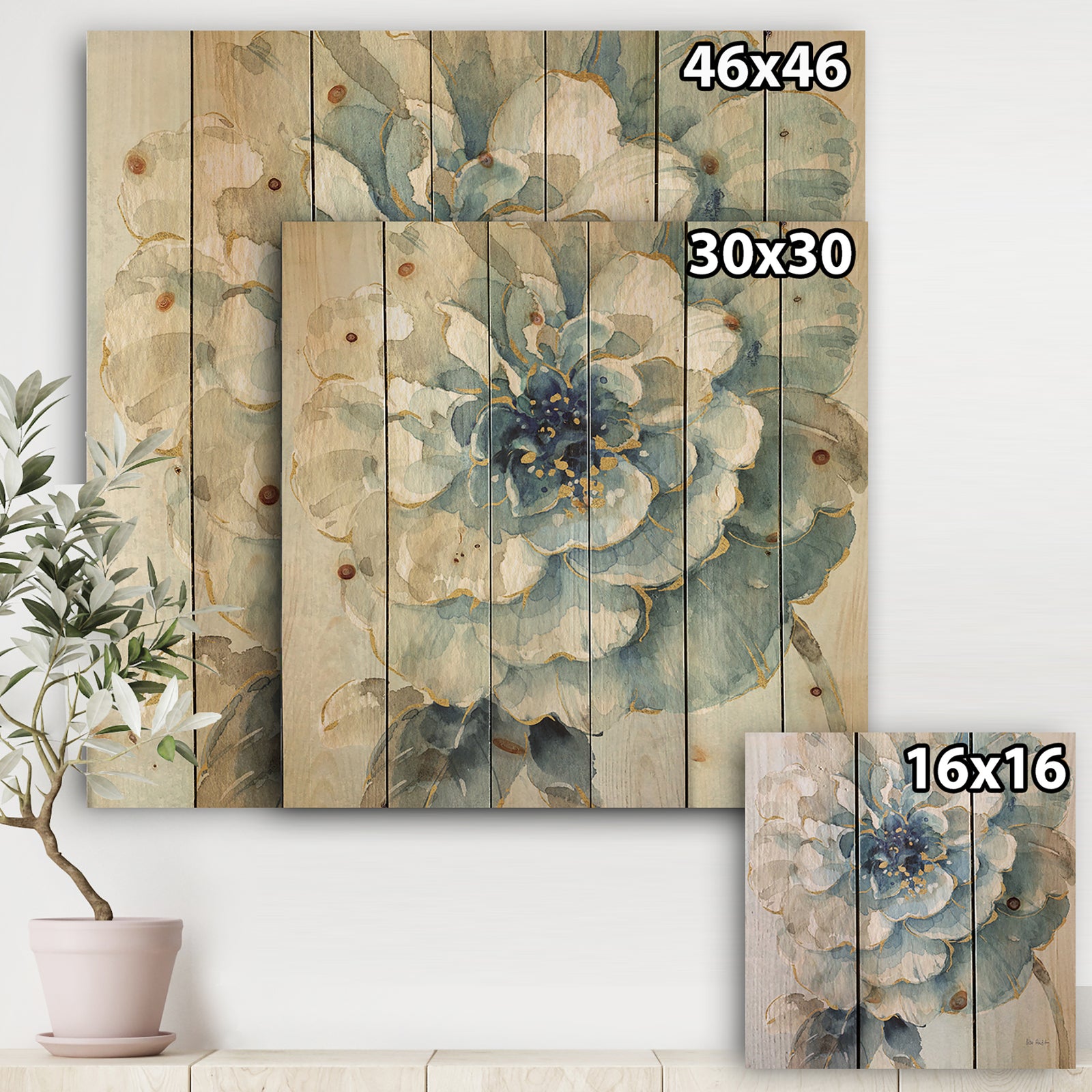 Indigold Watercolor Flower II - Farmhouse Print on Natural Pine Wood