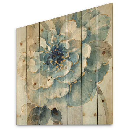 Indigold Watercolor Flower II - Farmhouse Print on Natural Pine Wood