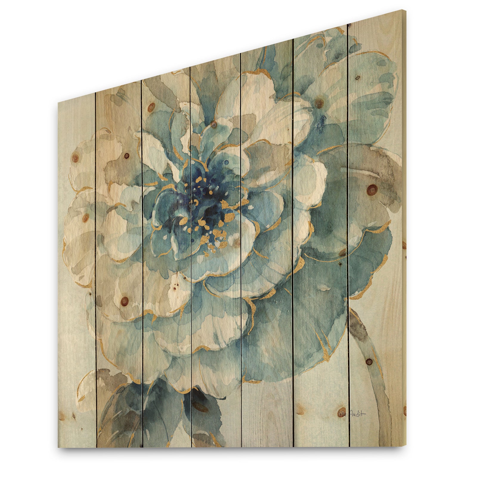 Indigold Watercolor Flower II - Farmhouse Print on Natural Pine Wood