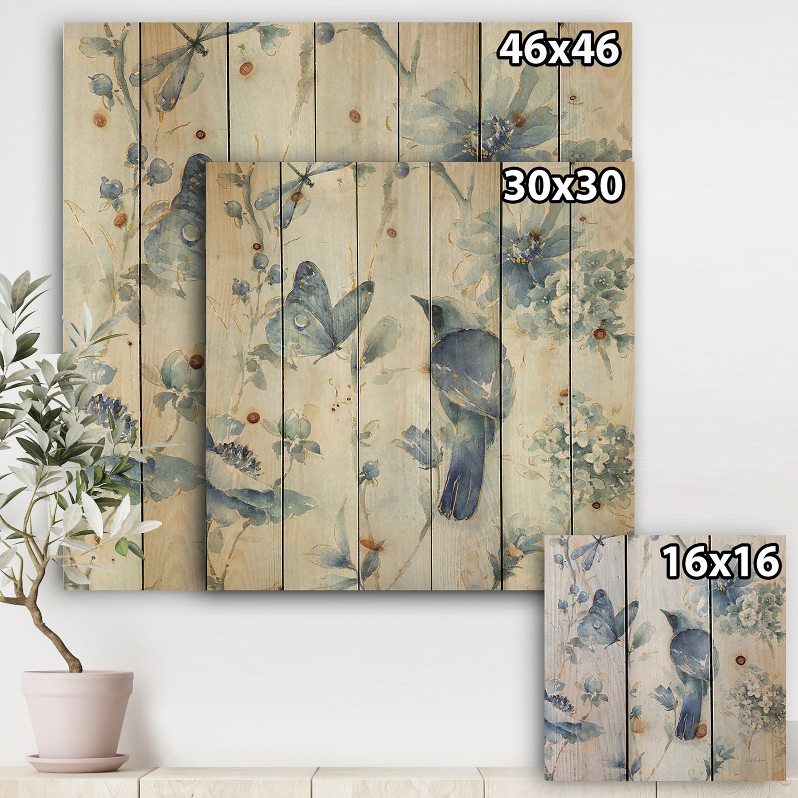 Indigold Watercolor Flower III - Farmhouse Print on Natural Pine Wood