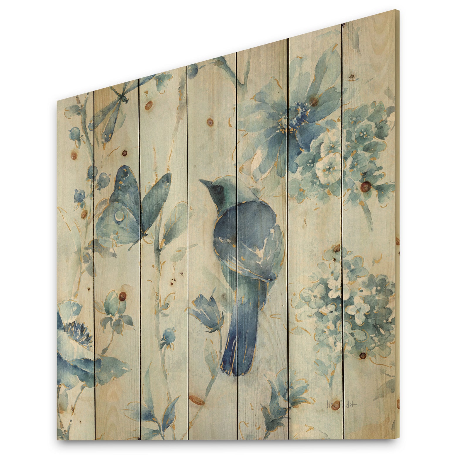 Indigold Watercolor Flower III - Farmhouse Print on Natural Pine Wood