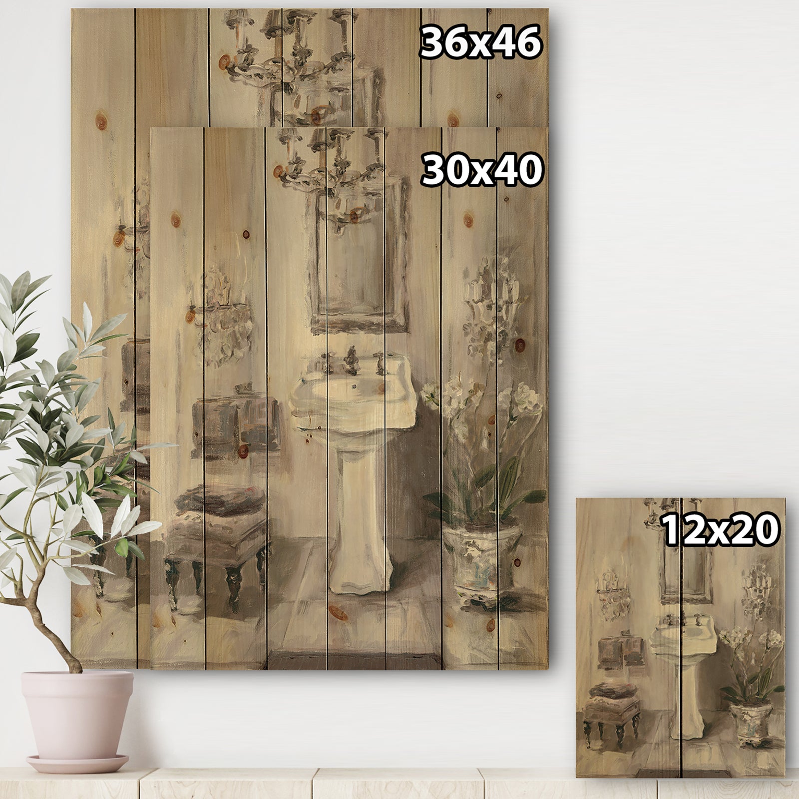 French Bathroom Vintage II - Traditional Bathroom Print on Natural Pine Wood