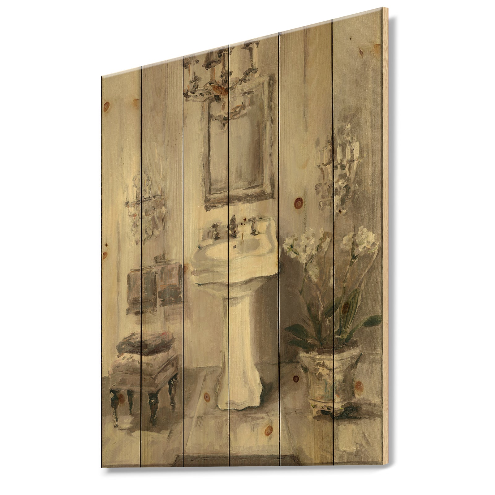 French Bathroom Vintage II - Traditional Bathroom Print on Natural Pine Wood