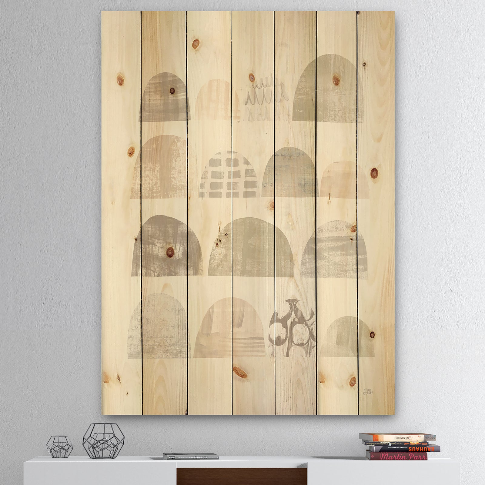 Geometric Neutral Form V - Shabby Chic Print on Natural Pine Wood