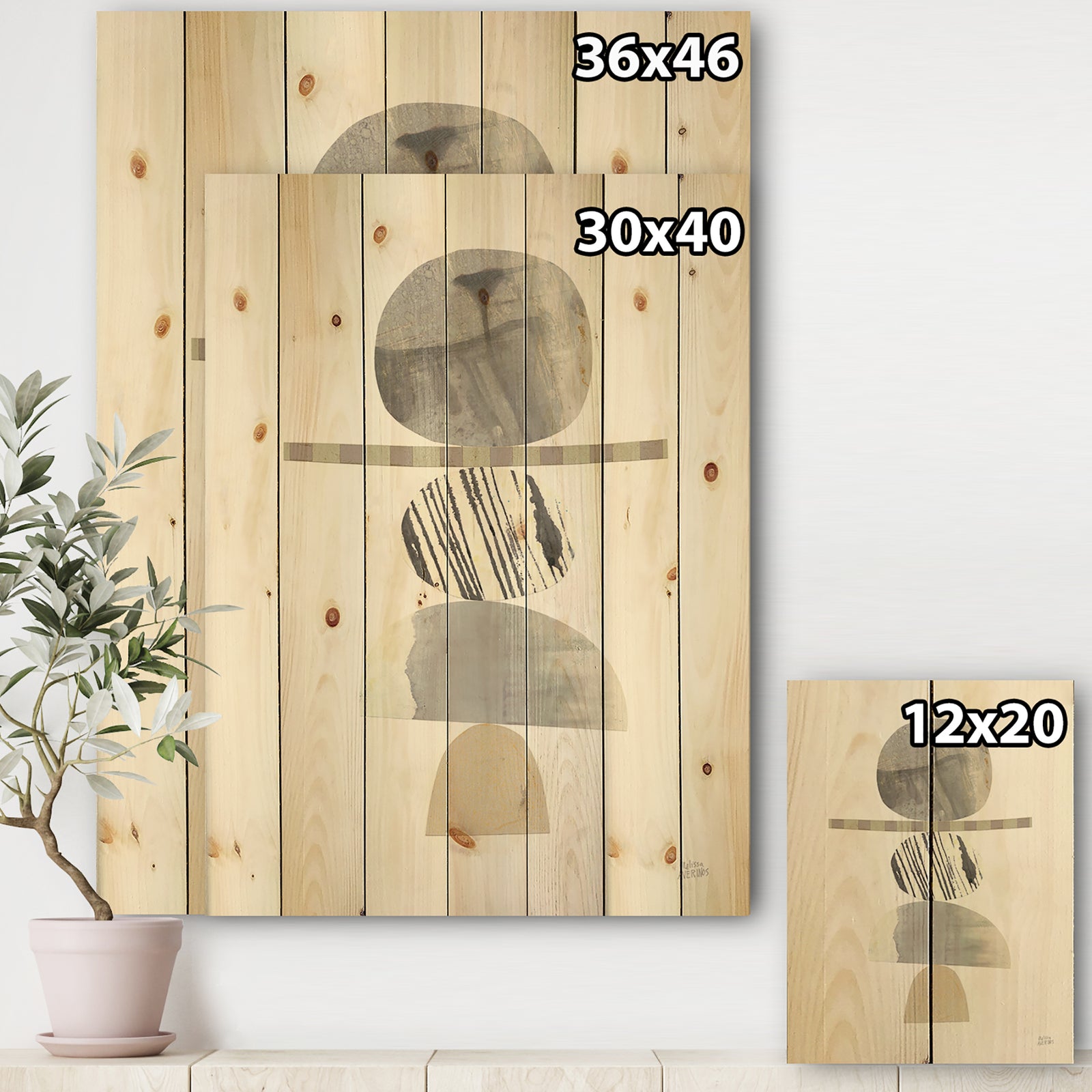 Geometric Balance Neutral I - Shabby Chic Print on Natural Pine Wood
