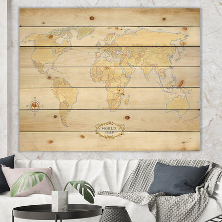 World Trekker I Crop - Map Print on Natural Pine Wood