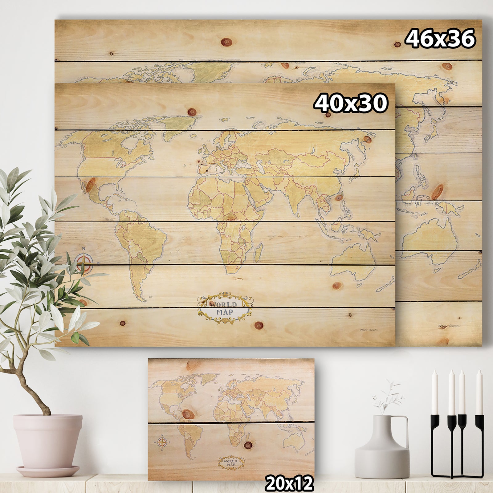 World Trekker I Crop - Map Print on Natural Pine Wood