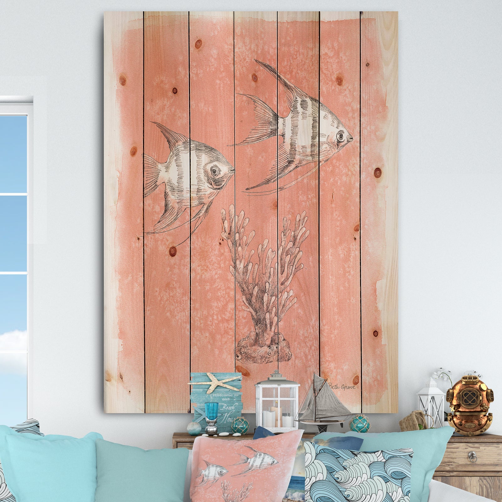 Coastal Sea Life III fish sketches - Nautical & Coastal Print on Natural Pine Wood