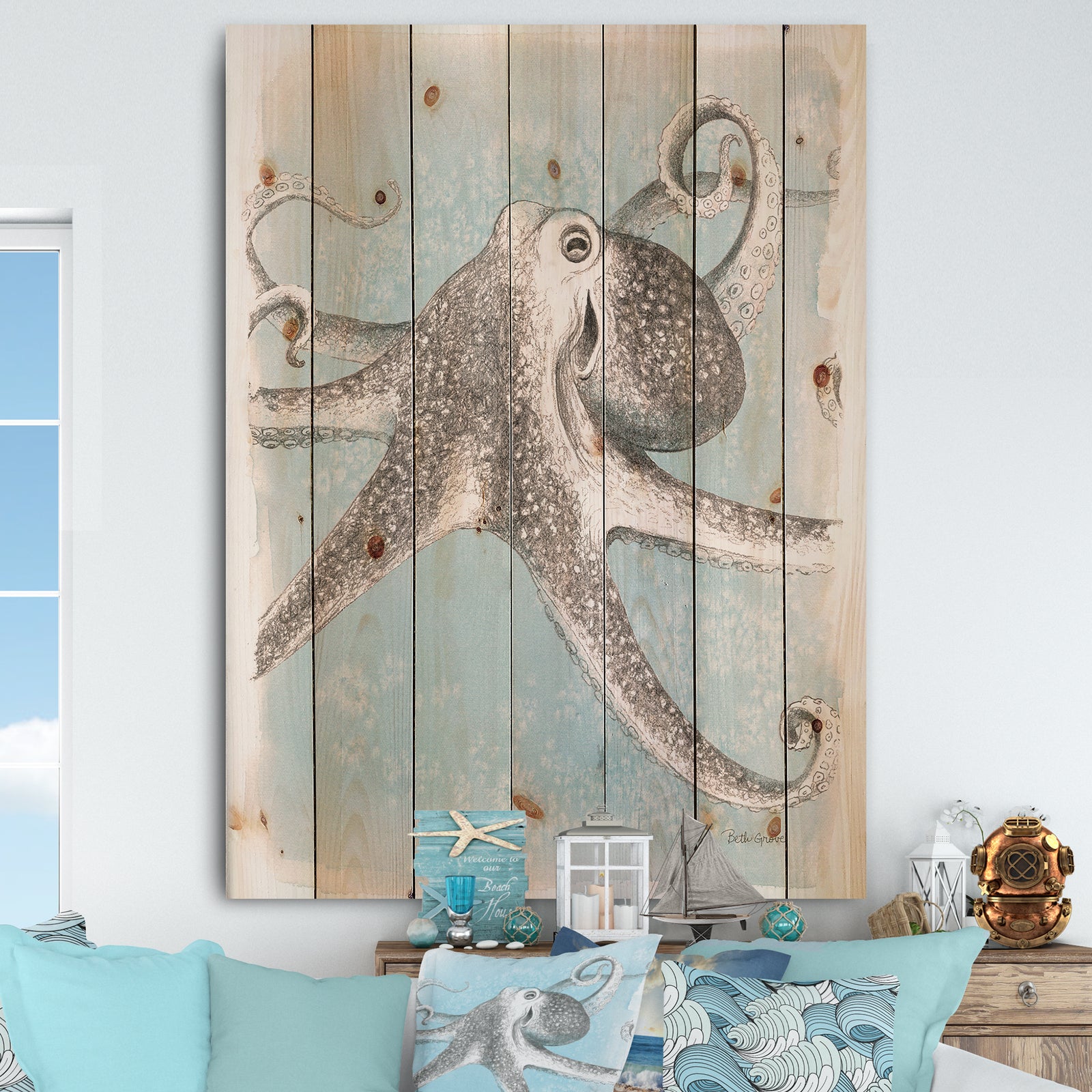 Coastal Sea Life II octopus sketches - Nautical & Coastal Print on Natural Pine Wood