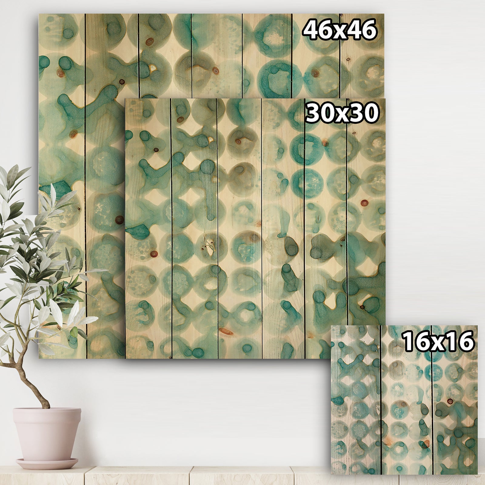Turquoise Watercolor geometrical I - Modern & Transitional Print on Natural Pine Wood