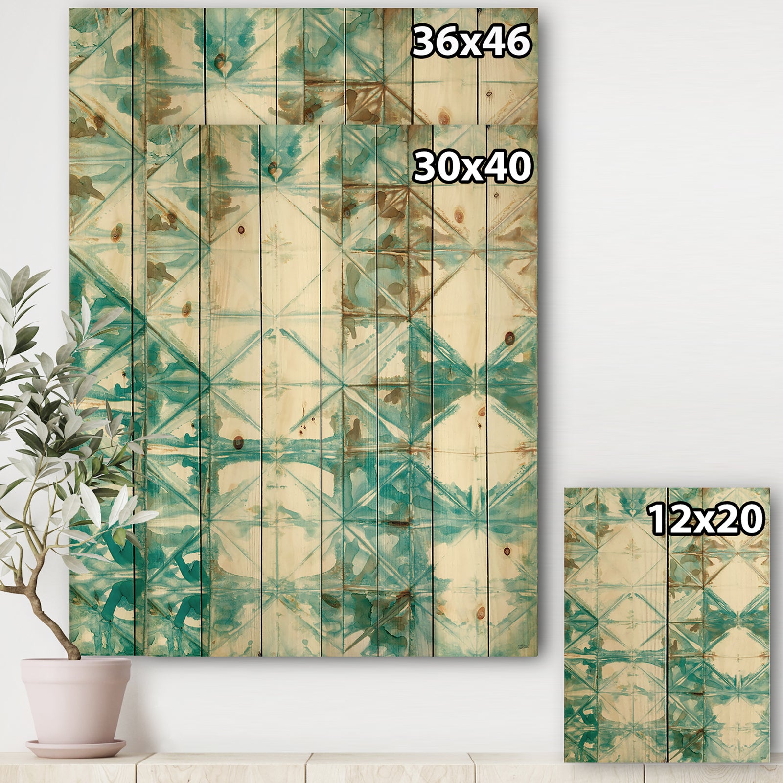 Turquoise Watercolor geometrical IV - Modern & Transitional Print on Natural Pine Wood