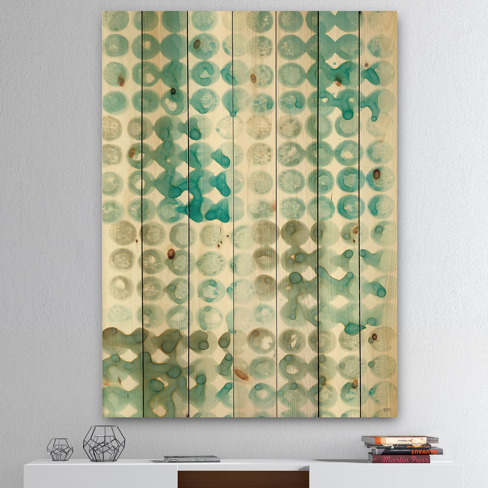 Turquoise Watercolor geometrical V - Modern & Transitional Print on Natural Pine Wood