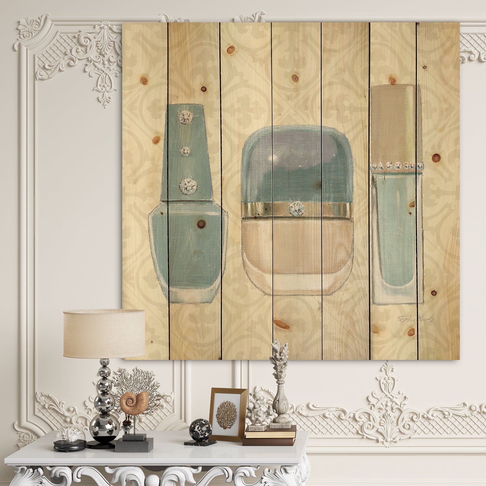 Glam cosmetics Blue accessories - Fashion Print on Natural Pine Wood