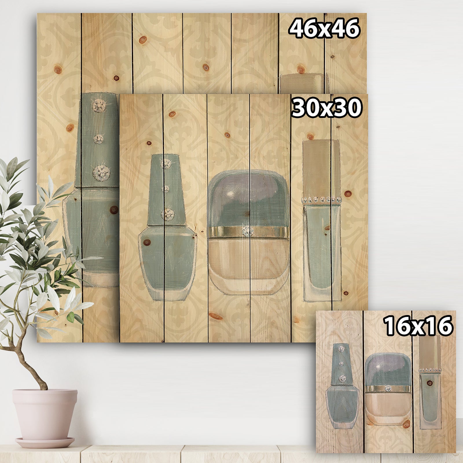 Glam cosmetics Blue accessories - Fashion Print on Natural Pine Wood