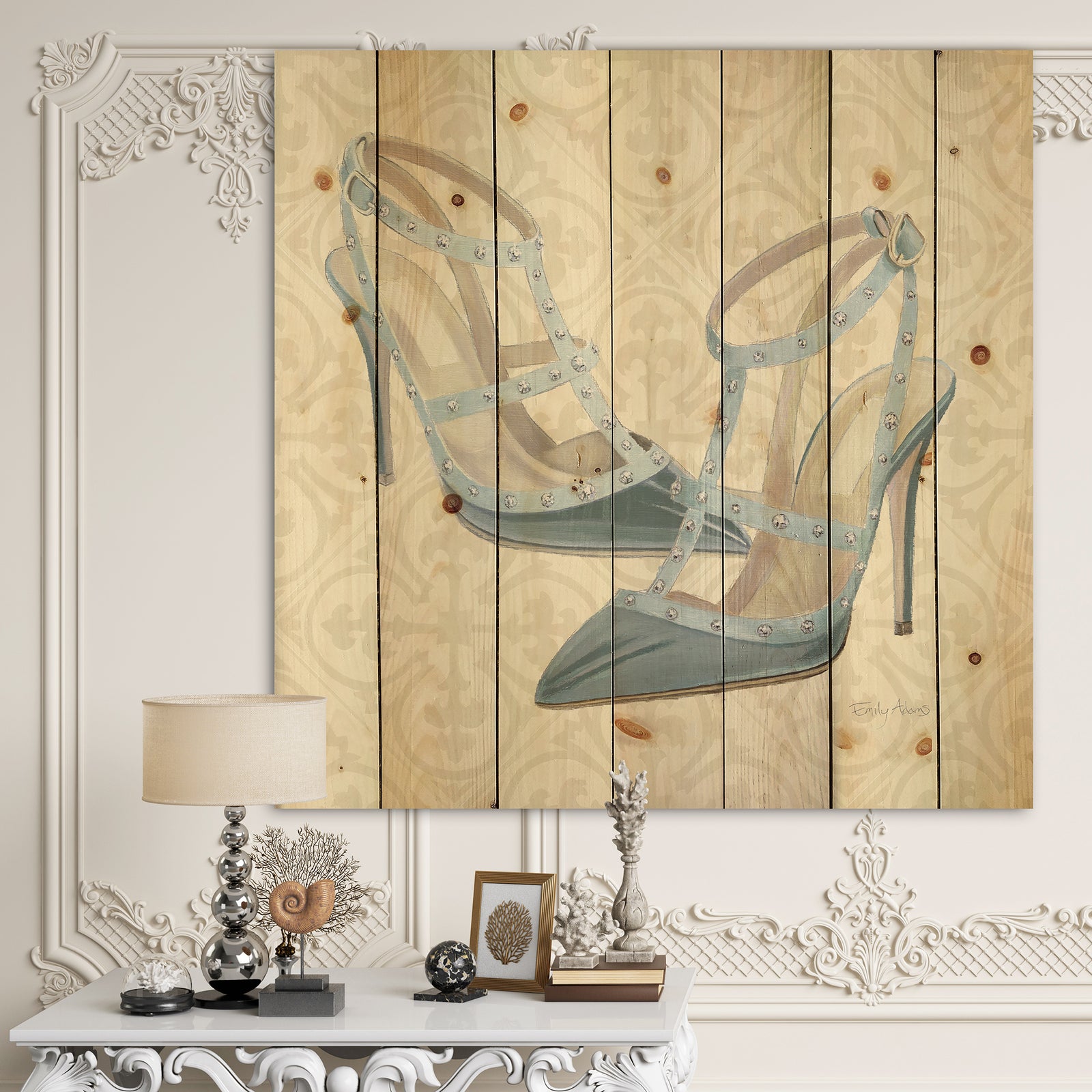 Glam cosmetics Blue Shoes - Fashion Print on Natural Pine Wood