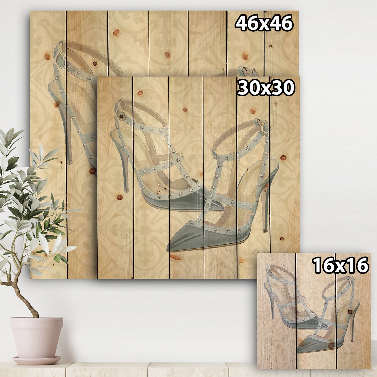 Glam cosmetics Blue Shoes - Fashion Print on Natural Pine Wood