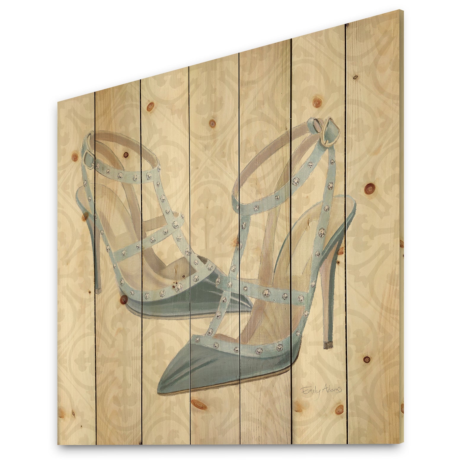 Glam cosmetics Blue Shoes - Fashion Print on Natural Pine Wood