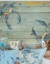 Blue Coastal crab Battle - Nautical & Coastal Print on Natural Pine Wood