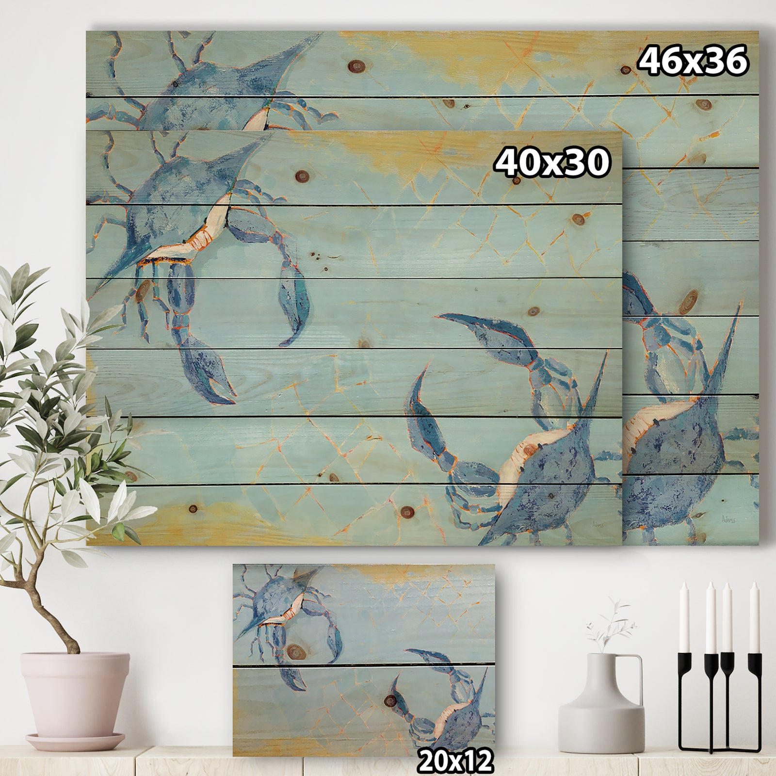 Blue Coastal crab Battle - Nautical & Coastal Print on Natural Pine Wood