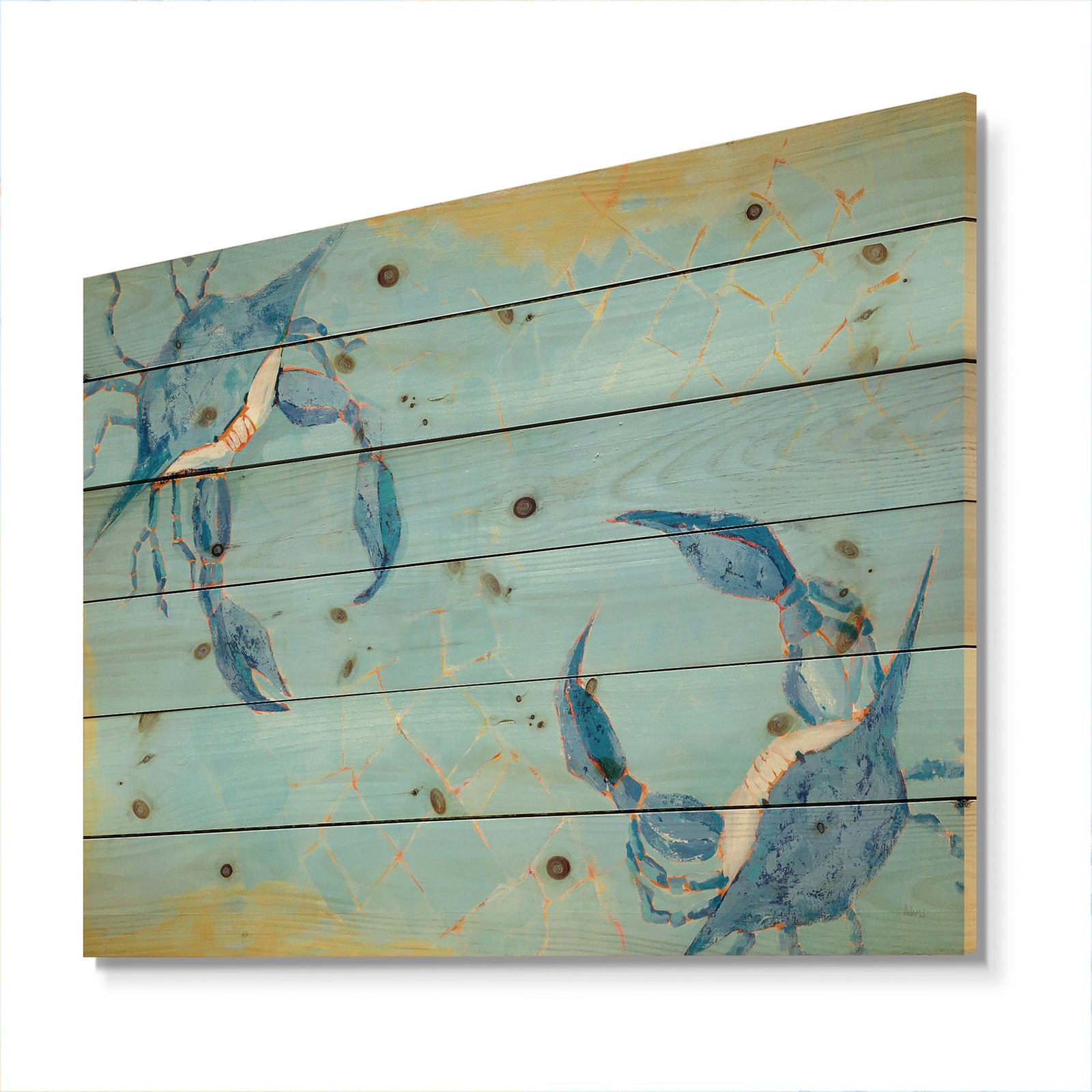 Blue Coastal crab Battle - Nautical & Coastal Print on Natural Pine Wood